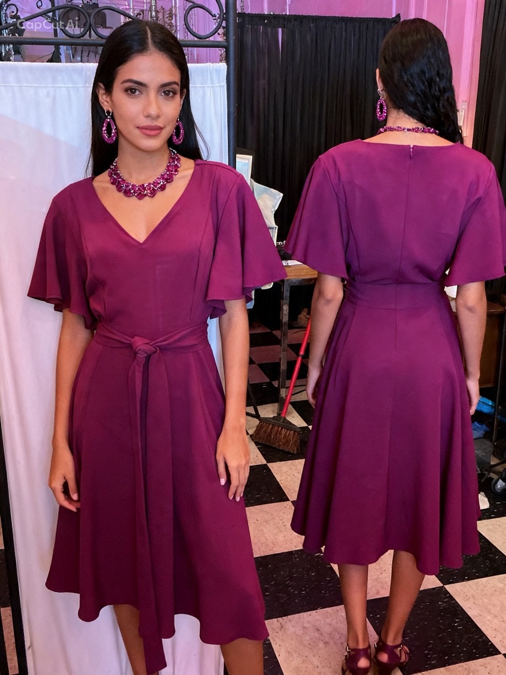 Lane Bryant Plum V-Neck Midi Dress with Flutter Sleeves